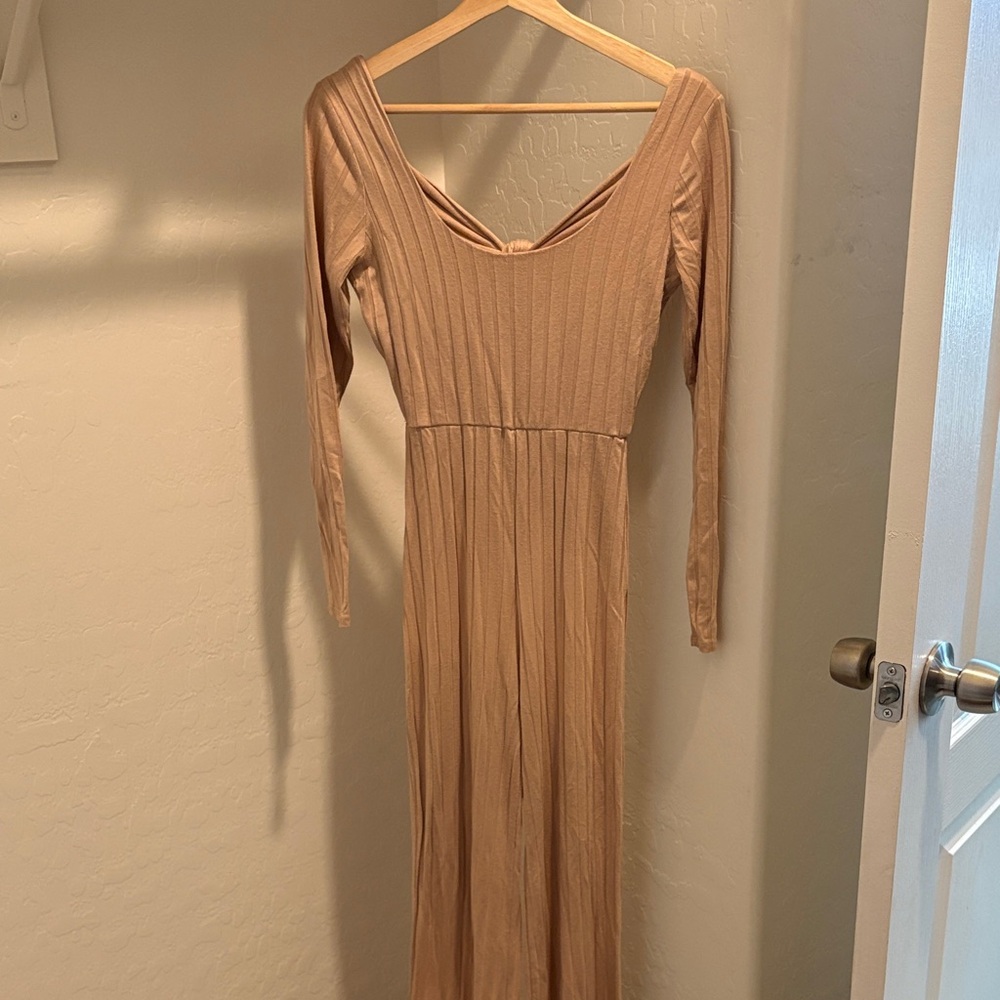 Women's Long Sleeve Ribbed Jumpsuit in Nude